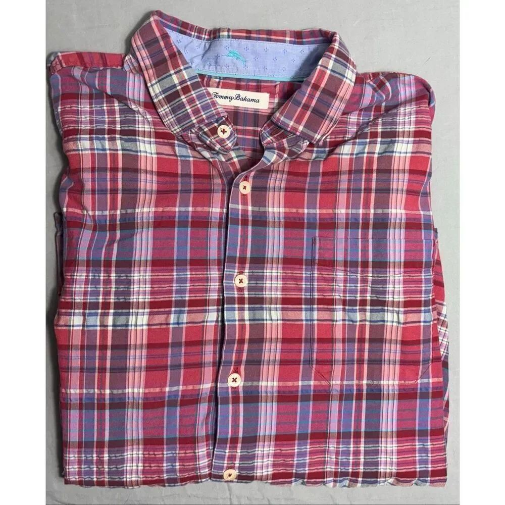 Tommy Bahama Men’s Red Plaid Cotton Silk Blend Shirt L Long Sleeve Button-Down